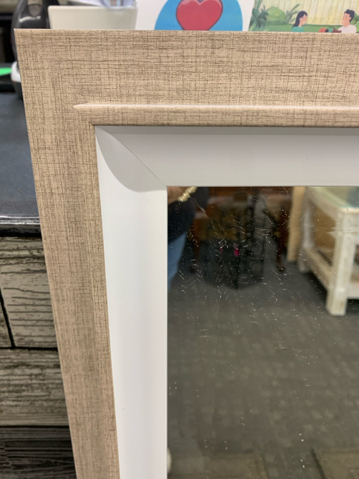 GREY AND WHITE FRAMED MIRROR.