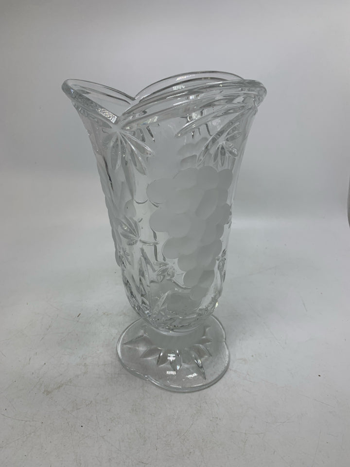 HEAVY FOOTED CRYSTAL VASE W/ FROSTED GRAPES.