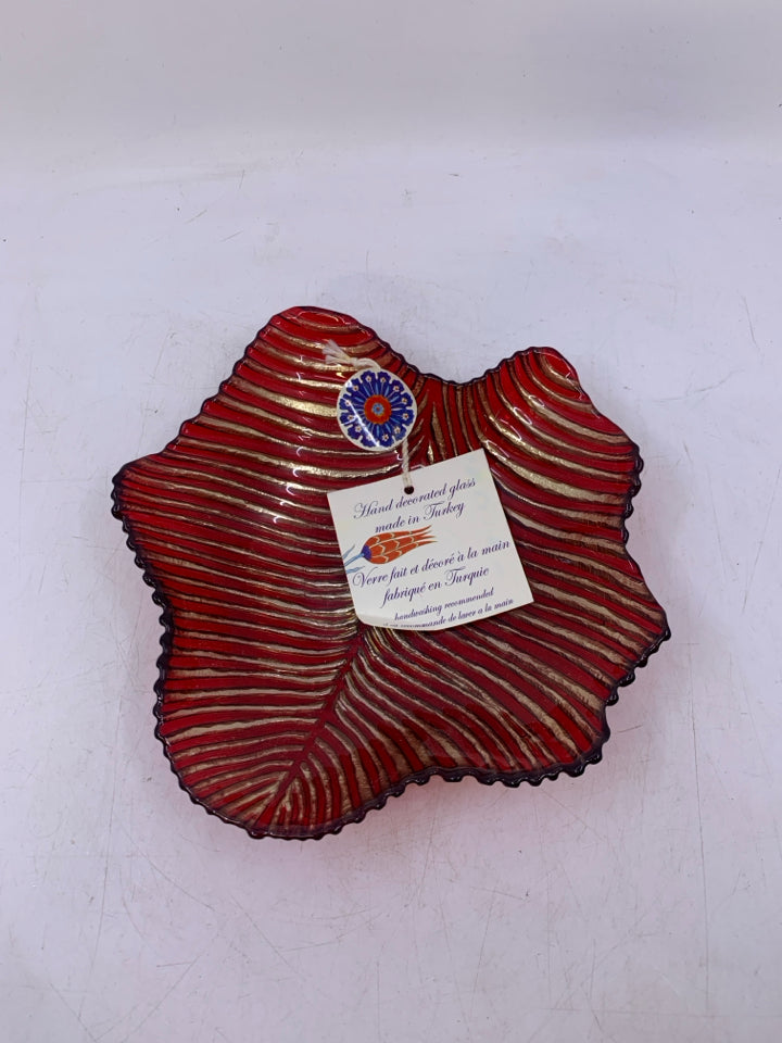 NEW RED/GOLD GLASS CANDY DISH.