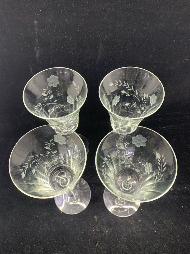 4 FLORAL ETCHED WINE GLASSES.