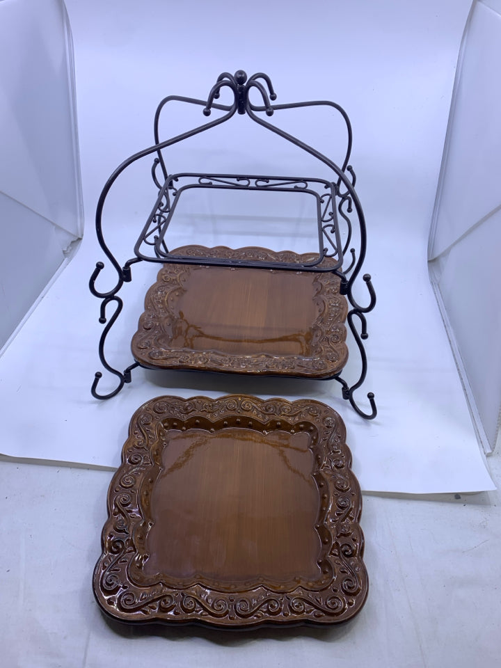 2 TIER SERVING SQUARE BROWN PLATES EMBOSSED EDGES IN STAND.