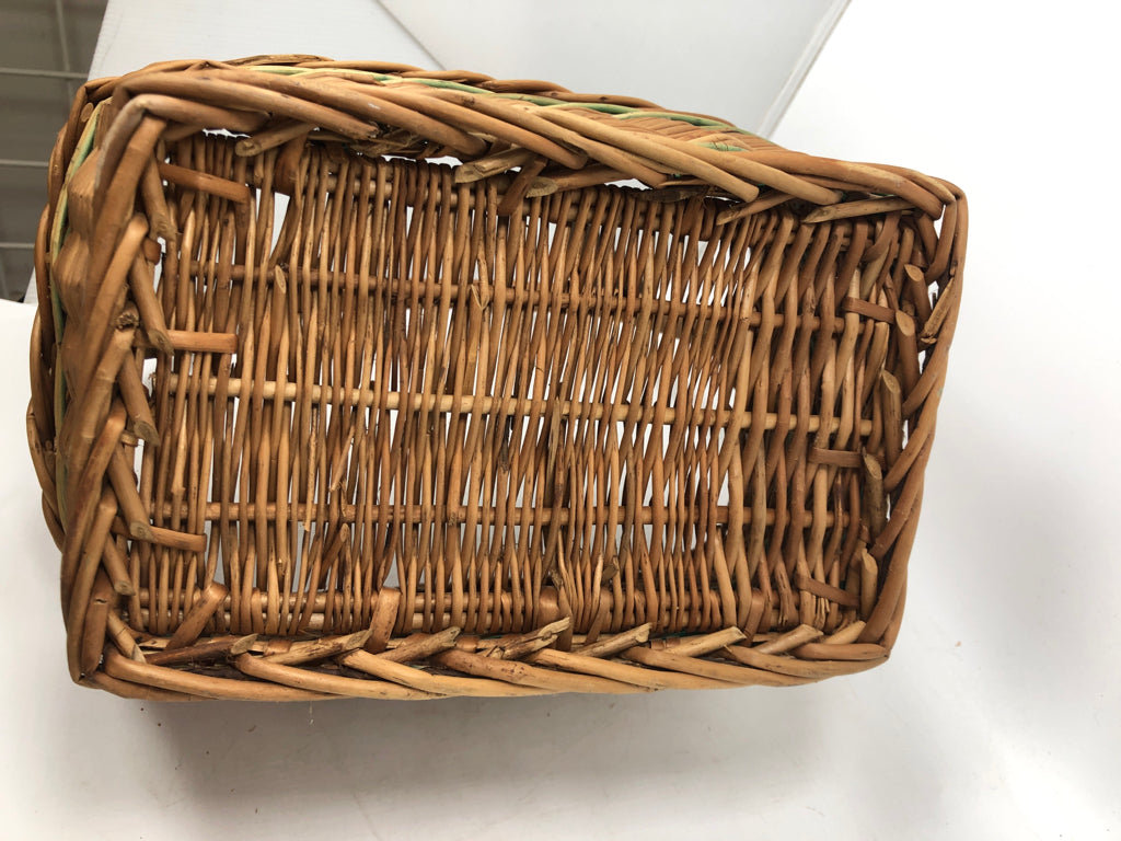 GREEN STRIPE WICKER BASKET.