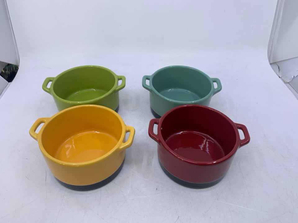 4 COLORFUL BOBBY FLAY RAMEKIN BOWLS W/ HANDLES.