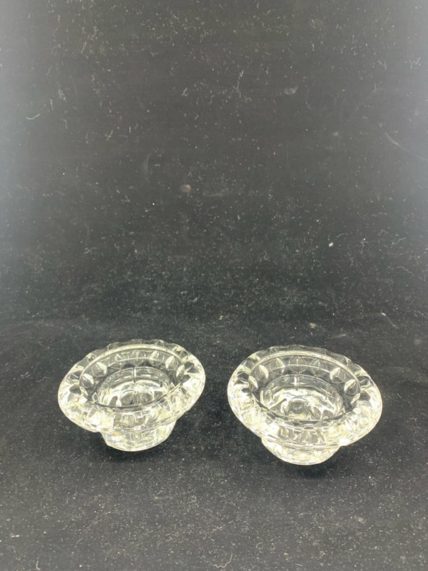 2 SHORT GLASS TAPERED CANDLE HOLDERS MADE IN FRANCE.