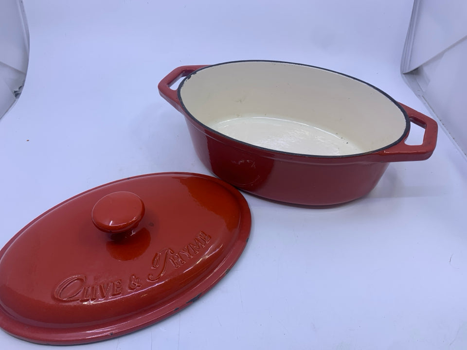 VTG BURNT ORANGE CAST IRON CASSEROLE DISH W LID.