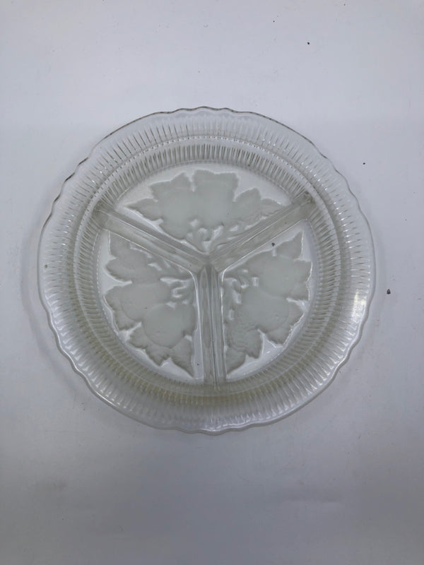 SMALL GLASS DIVIDER TRAY WITH FROSTED FRUIT DESIGN.