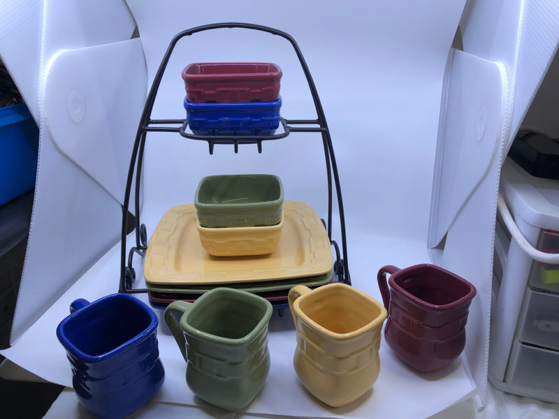 13PC COLORFUL WOVEN DISH SET AND RACK.