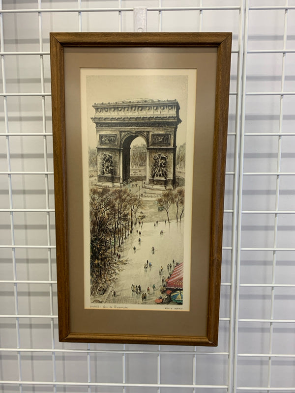 "PAIRS- ARC DE GRIOMNLE" PENCIL DRAWING IN BROWN FRAME WALL ART.