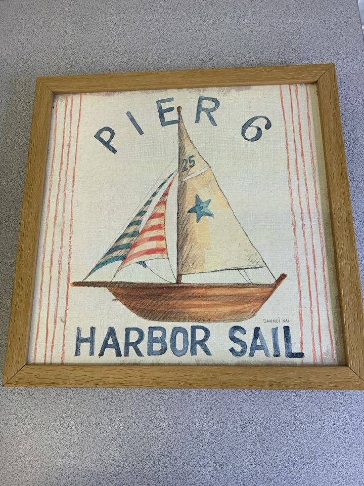 "PIER 6" BOAT WALL HANGING IN WOOD FRAME.