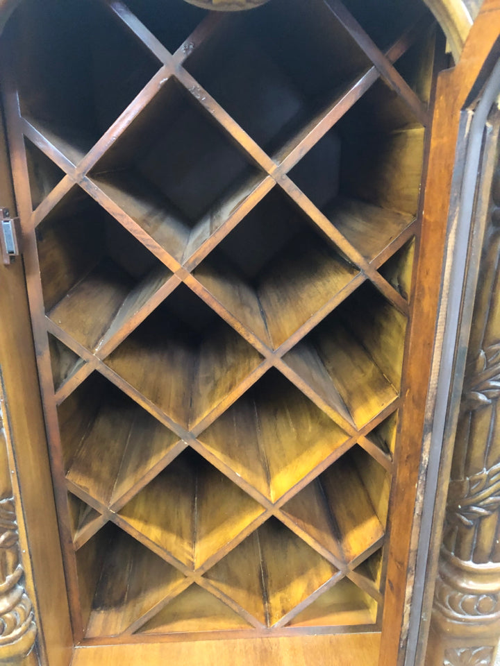 WOOD WINE CABINET W/ BLACK TOP AND DRAWER.
