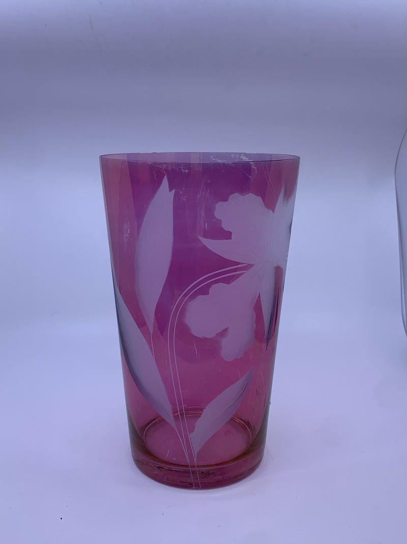 PINK ETCHED FLOWERS GLASS VASE.