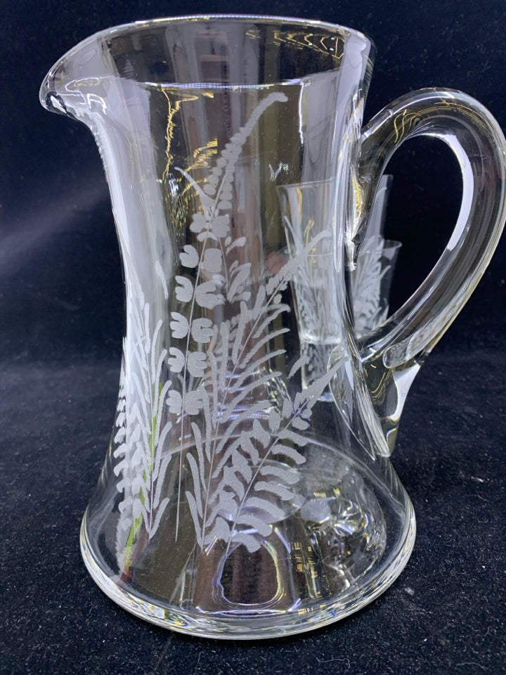 5pc-FERN ETCHED GLASS PITCHER WITH 4 GLASSES.