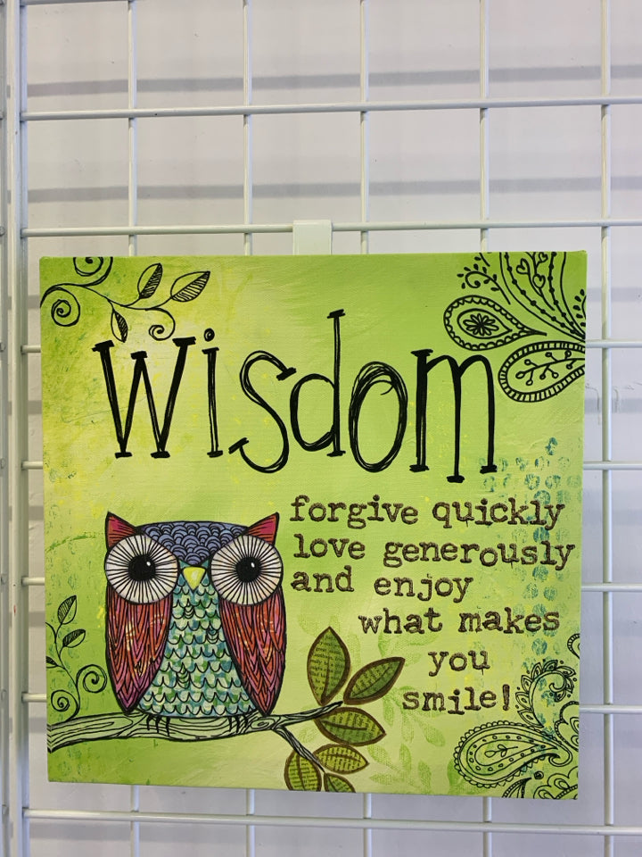 GREEN "WISDOM" OWL CANVAS WALL ART.