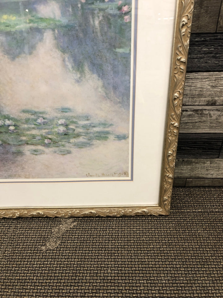 MONET LAKE AND FLOWER PICTURE IN GOLD FRAME.
