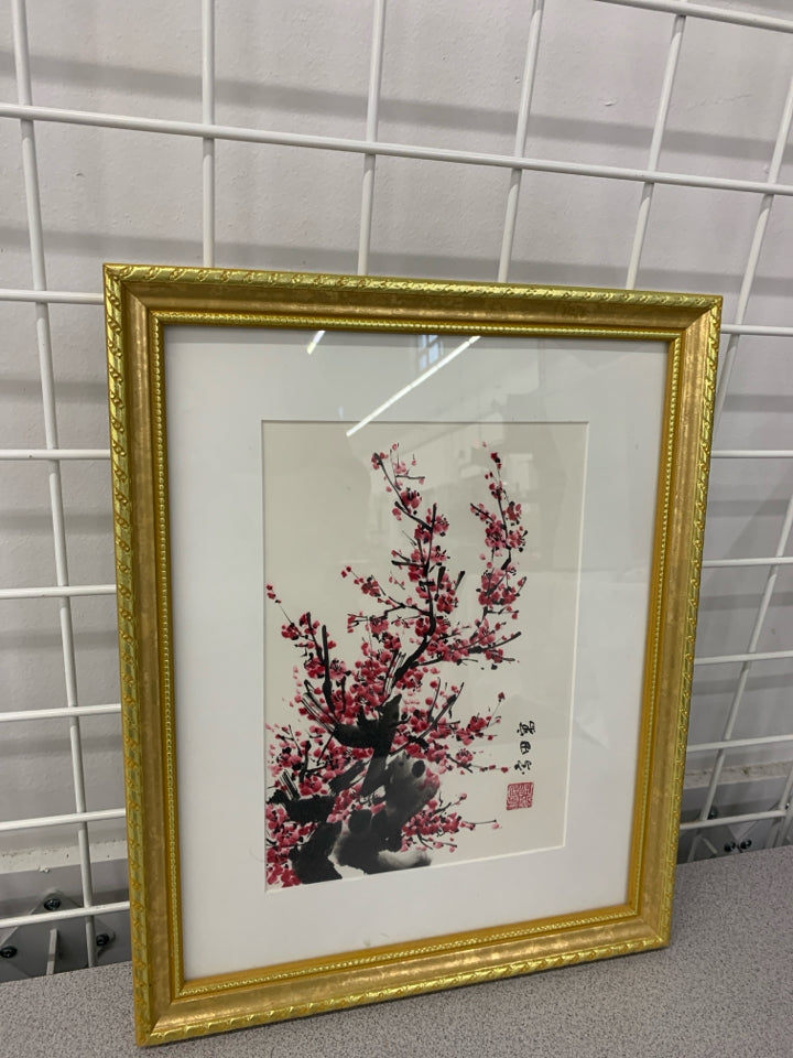 PANDA IN CHERRY BLOSSOM TREE IN GOLD SCROLL FRAME WALL HANGING.