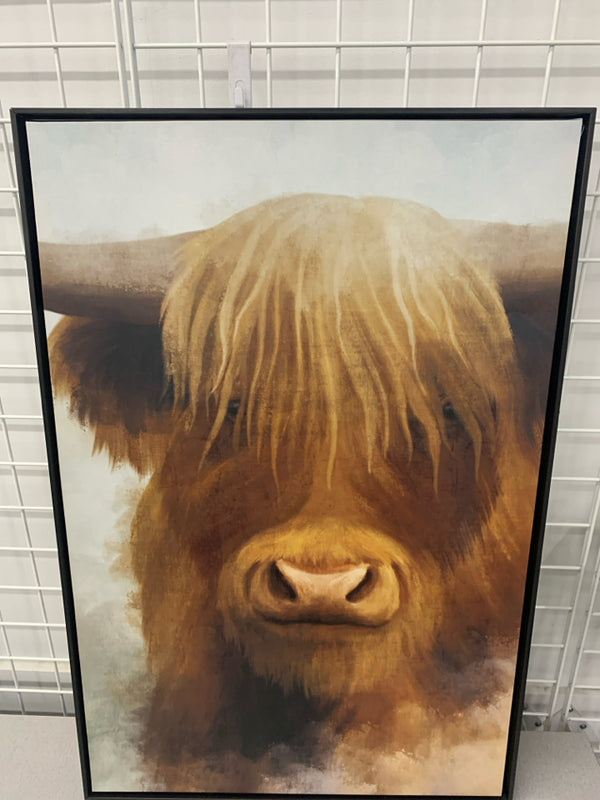 LARGE HIGHLAND COW CANVAS WALL ART IN BLACK FRAME.
