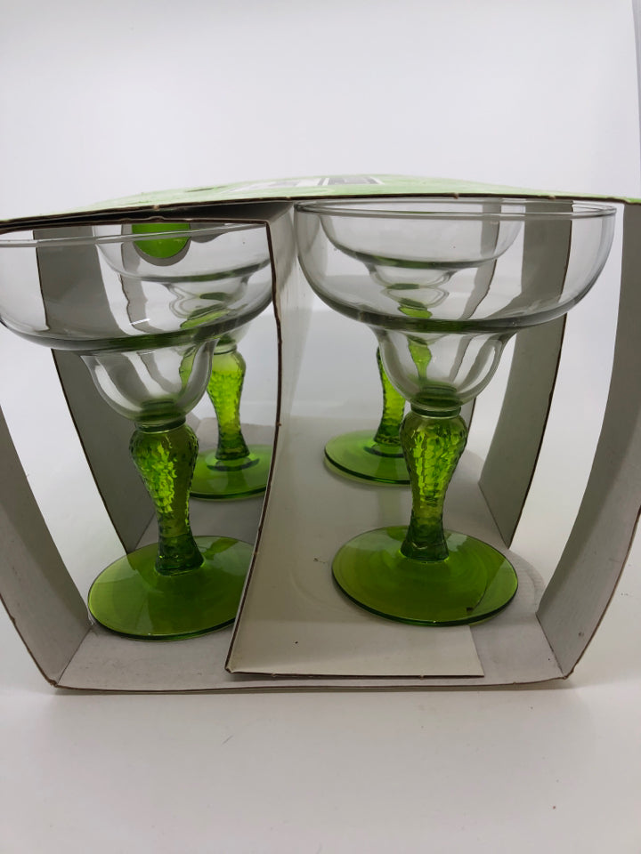 NIB 4 GREEN MARGARITA GLASSES.