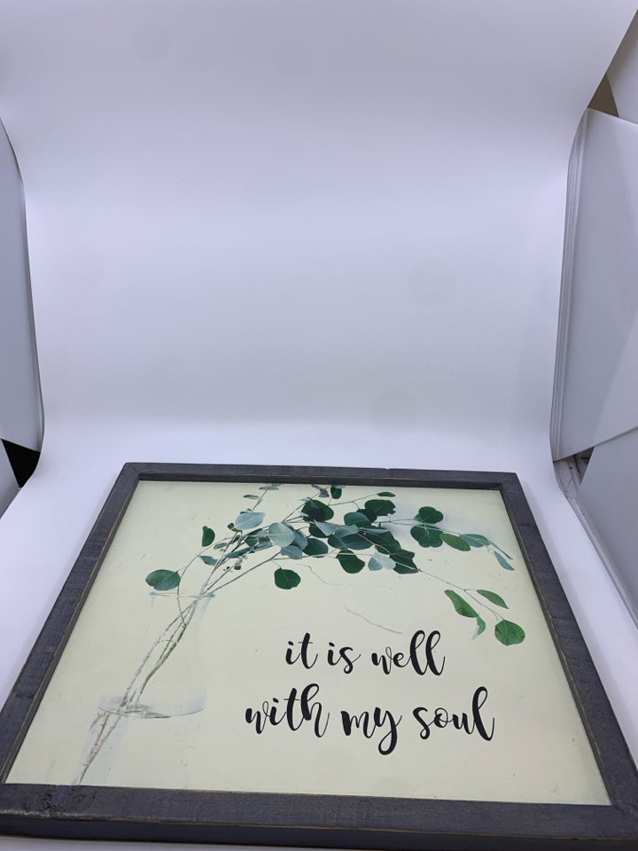 "IT IS WELL" PLANT IN VASE AND GREY FRAME WALL ART.