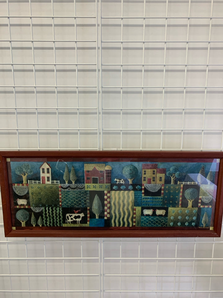 PRIMITIVE COW SHEEP HOUSES WALL ART IN RED FRAME.