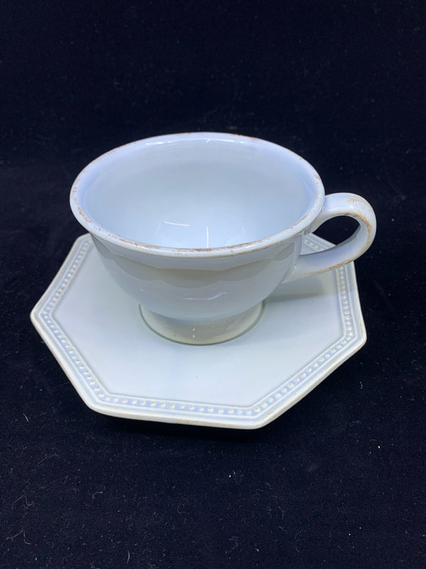DECO DISTRESSED BLUE/GREY TEACUP AND OCTAGON SAUCER.
