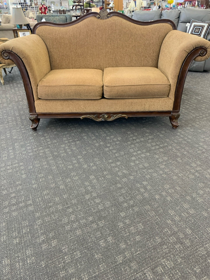 VICTORIAN STYLE ROLL ARMS BROWN FABRIC SOFA.