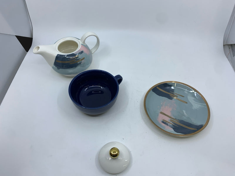 3 PC ABSTRACT TEAPOT, CUP AND SAUCER- TEA FOR ONE TEACUP/TEAPOT  6" X 7" .