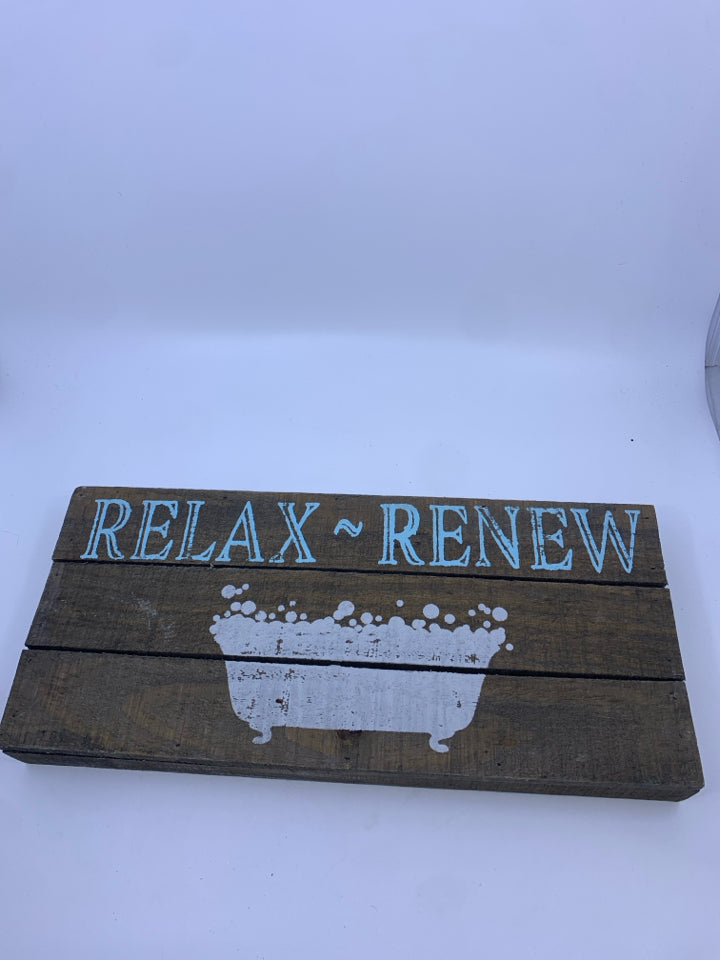 WOOD WALL ART "RELAX,RENEW" TEAL W/ WHITE BATHTUB.