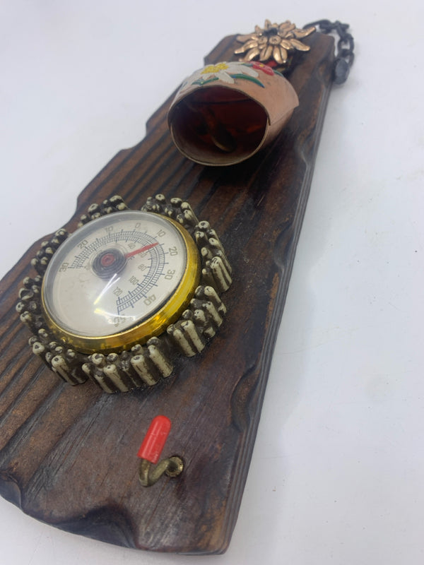 VTG WOOD WALL HANGING THERMOMETER W/ BELL.