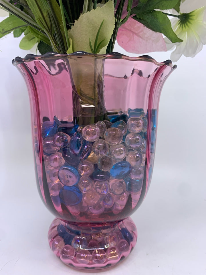 COLORFUL FLOWERS IN PINK FOOTED VASE.