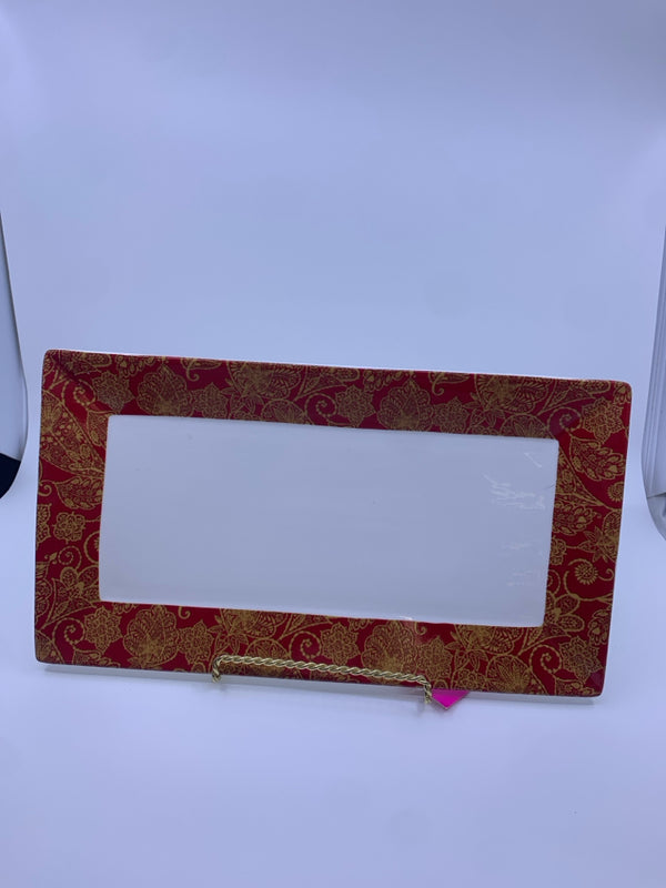 PORTOBELLO BY INSPIRE RED/GOLD TRIM RECTANGLE SERVING PLATE.