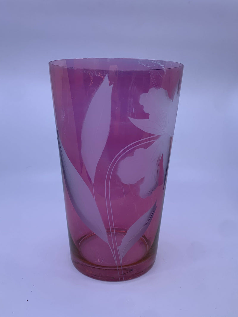 PINK ETCHED FLOWERS GLASS VASE.