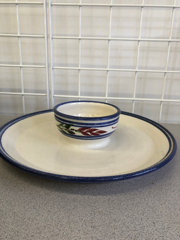 BLUE AND WHITE CHIP AND DIP POTTERY BOWL PLATE.