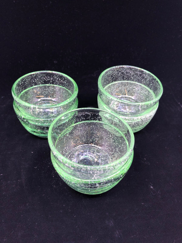 6 TINTED GREEN GLASS BOWLS W/ BUBBLES.
