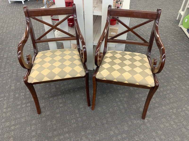 2 DARK WOOD ACCENT ARM CHAIRS- GREEN + GOLD UPHOLSTERY.