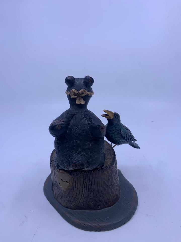"BIRDS OF A FEATHER"- BEAR AND 2 BIRDS ON A STUMP FIGURE.