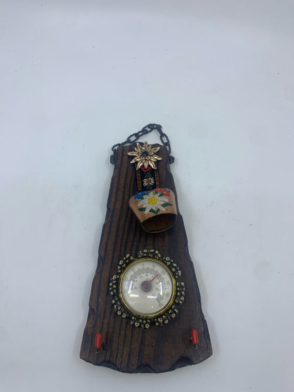 VTG WOOD WALL HANGING THERMOMETER W/ BELL.