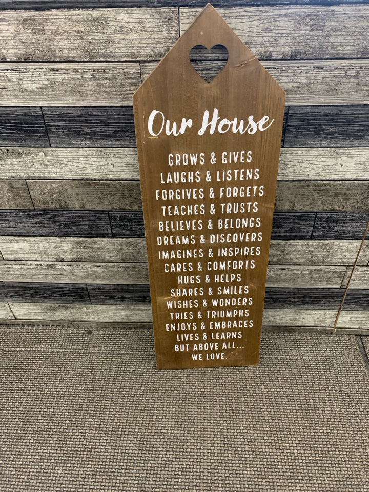 "OUR HOUSE" DARK WOOD WALL HANGING WITH HEART.