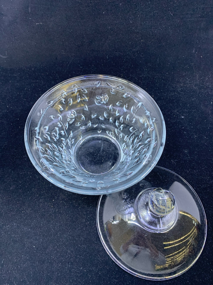 GLASS CANDY DISH W/ LID AND ROSES/VINES.