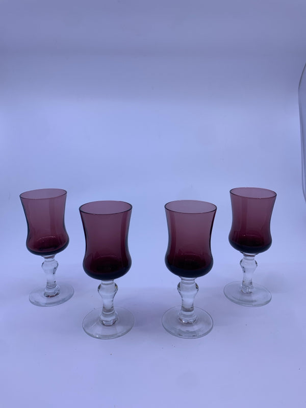 4 FOOTED PURPLE CORDIAL GLASSES.