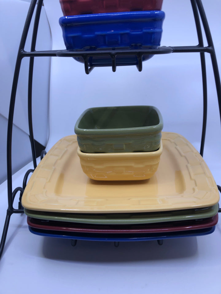 13PC COLORFUL WOVEN DISH SET AND RACK.