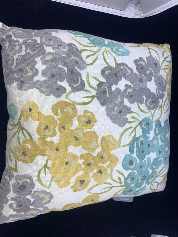 SMALL BLUE, GREY, YELLOW FLORAL PILLOW.