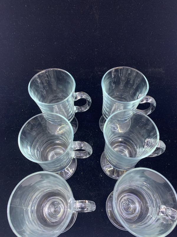 6 FOOTED GLASS IRISH COFFEE MUGS.