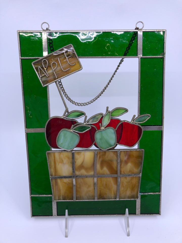 STAINED GLASS BASKETS OF APPLES GREEN BORDER WALL ART.