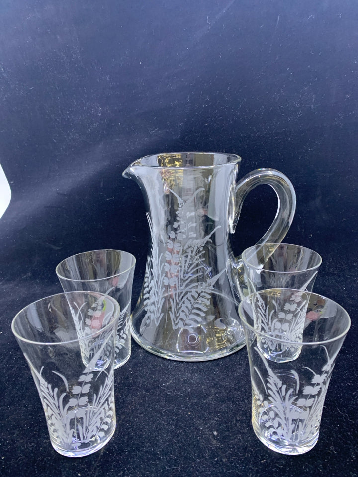 5pc-FERN ETCHED GLASS PITCHER WITH 4 GLASSES.