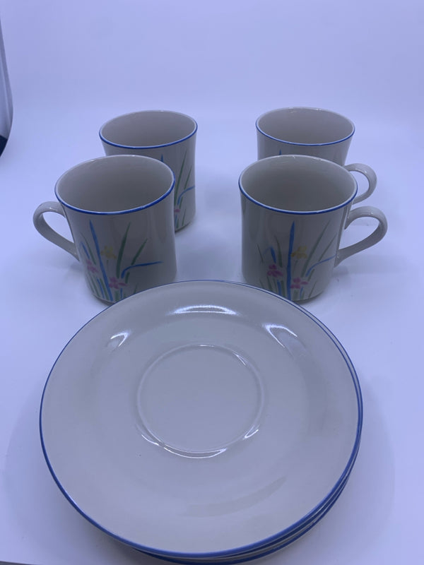 4 PASTEL STONEWARE CUPS + SAUCERS.