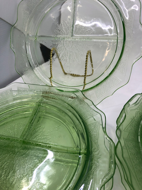 8 VTG GREEN GLASS DIVIDED PLATES.