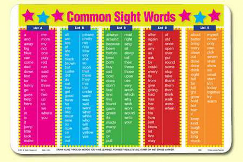 Common Sight Words Placemat