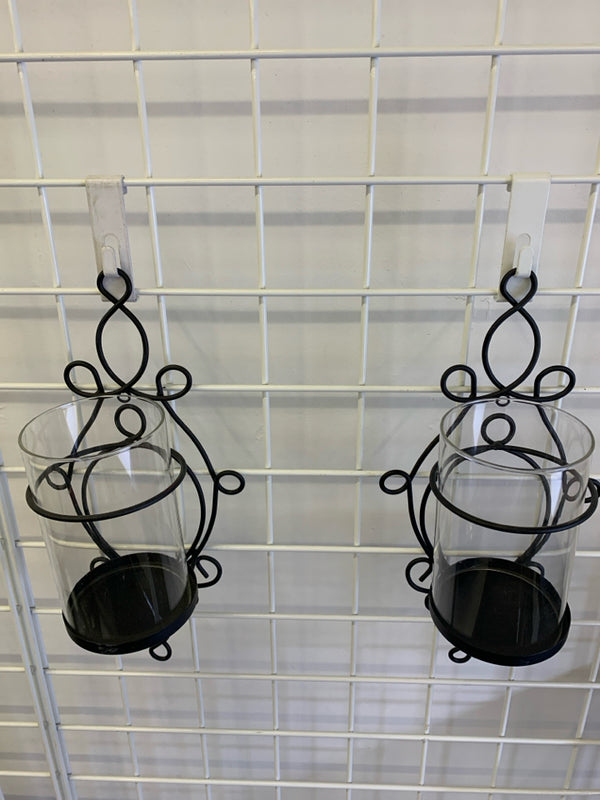2 SCROLL W/ GLASS HANGING TAPER CANDLE HOLDER.