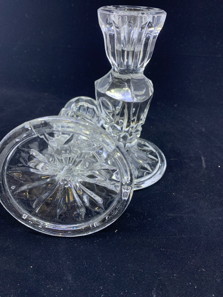 2 PRESSED MIDDLE GLASS TAPER CANDLE HOLDERS.