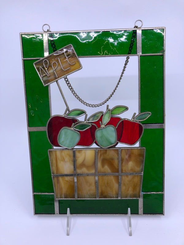 STAINED GLASS BASKETS OF APPLES GREEN BORDER WALL ART.